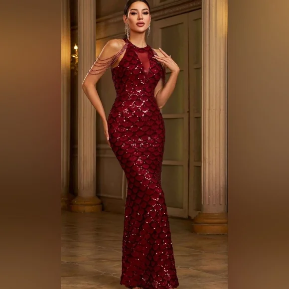 Elegant Red Sequin Evening Gown